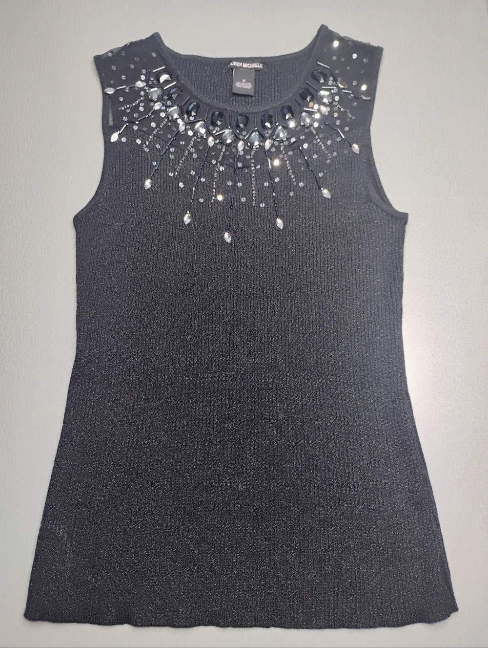 Lauren Michelle Black Sleeveless Knit Tank with Jeweled Neckline